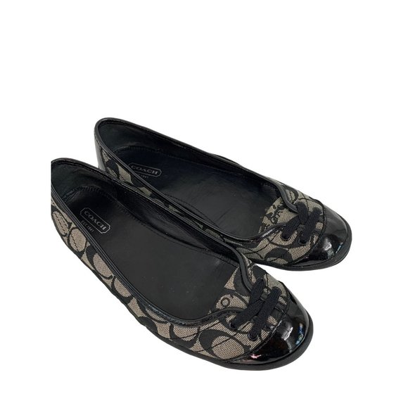 Womens 7.5 Coach Dannie Ballet Flats Shoes Monogram Patent Leather Black 6539 - Picture 3 of 16